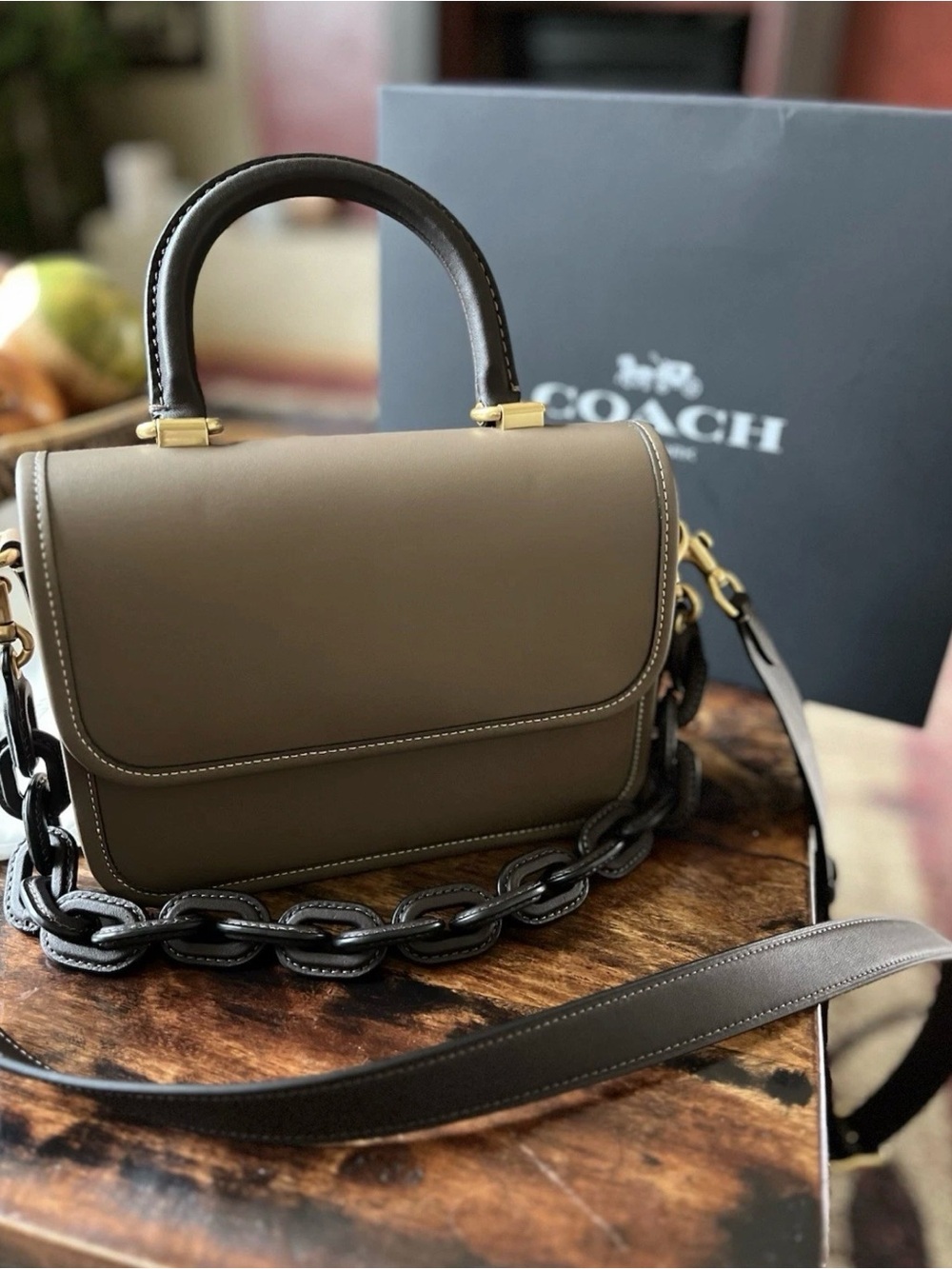 Coach Dark Stone Top Handle Satchel with Chain, Detachable Strap, Gold Hardware